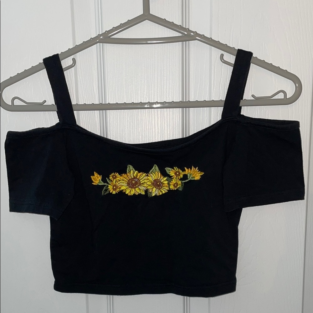 Elegant Black Sunflower Embroidered off the shoulder top